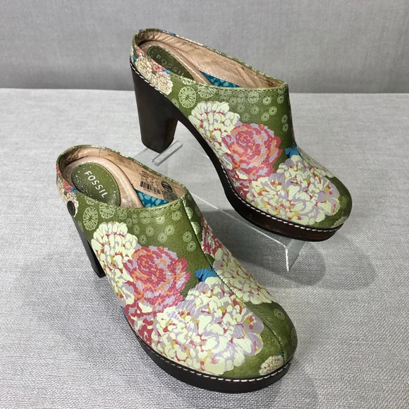 Fossil Shoes - FOSSIL Green Floral Boho Mule Clogs Size 8.5